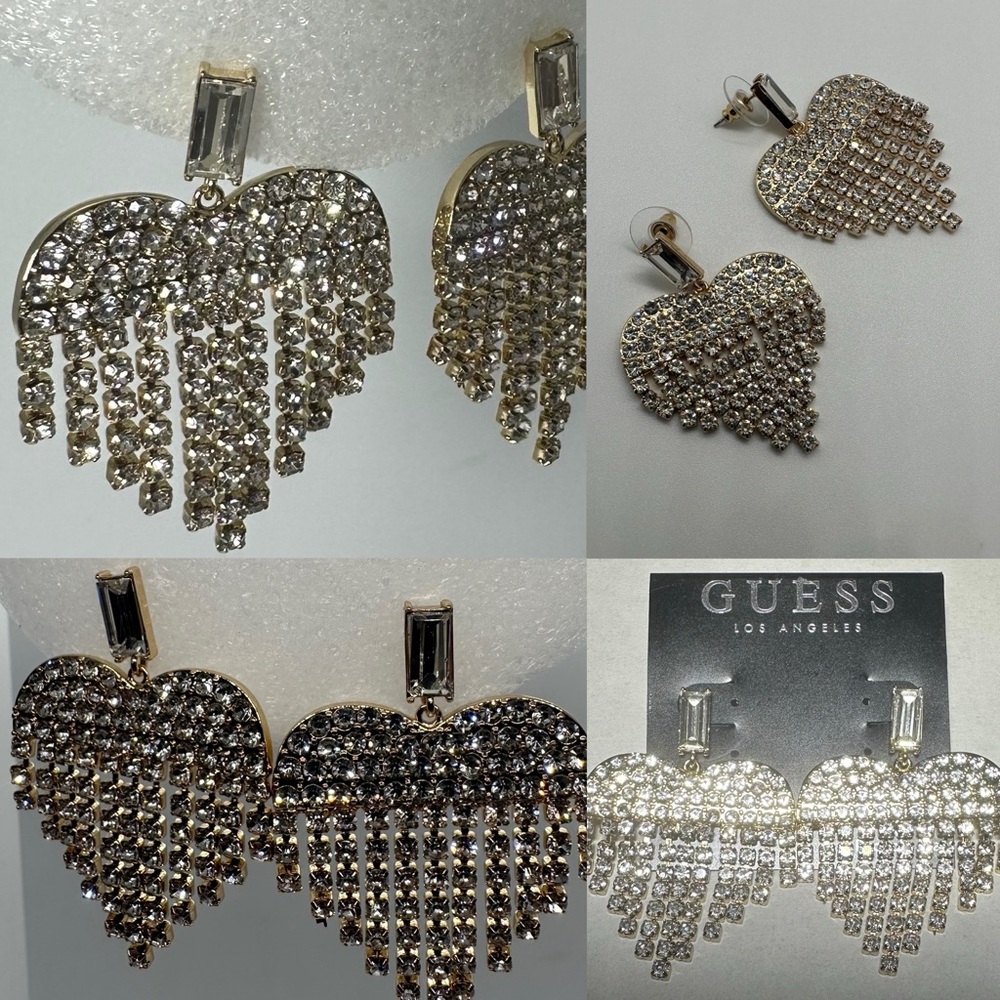 💛💎NWT GUESS Gold Tone Crystal Heart Dangle Statement Earrings Chandelier Sparkle - Picture 4 of 16